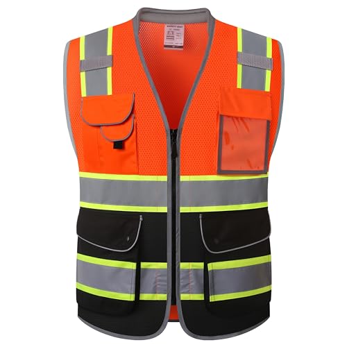 9 Pockets Class 2 High Visibility Zipper Front Safety Vest With Reflective Strips Meets ANSI
