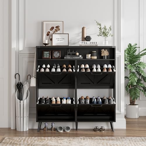 Shoe Cabinet with 2 Flip Drawers & Open Storage