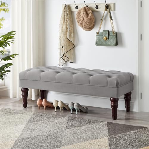 Velvet Upholstered Buttons Tufted Entryway Bench with Solid Wood Leg
