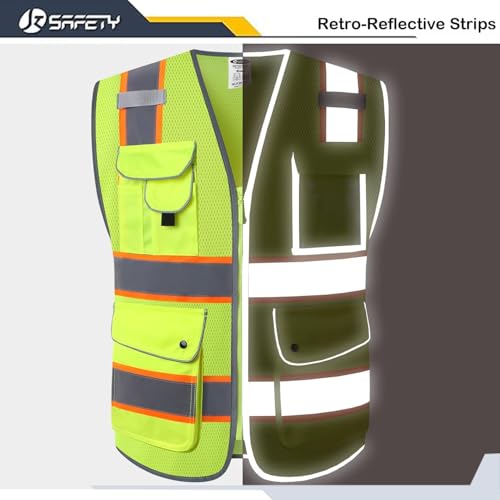9 Pockets Class 2 High Visibility Zipper Front Safety Vest With Reflective Strips Meets ANSI