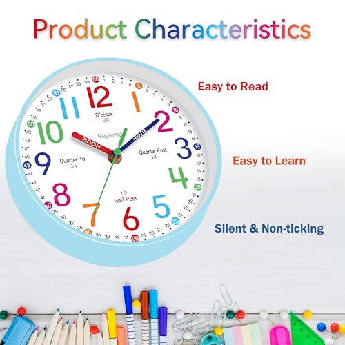 Wall Clock for Kids Learning to Tell Time Easily Clock Non Ticking Battery Operated Colorful Teaching Time Clock Decorative for Kids Room Classroom School