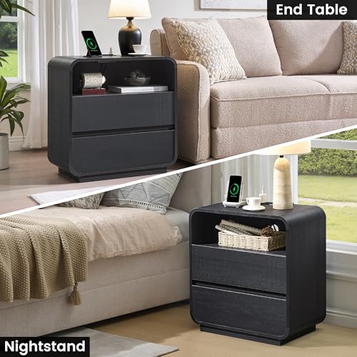 Curved Nightstand Set of 2 with Charging Station