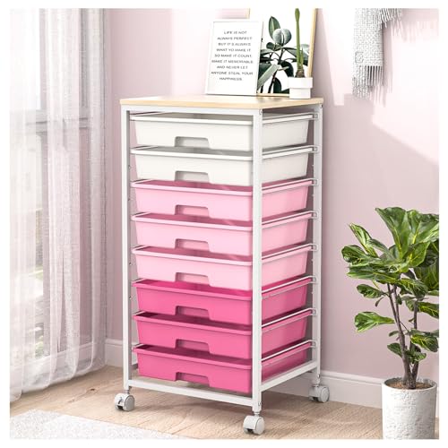 Rolling Cart with 8 Drawers and Wooden Tabletop