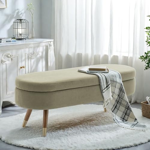 Oval Storage Bench 43.5" Linen Fabric Upholstered Entryway Bench with Solid Wood Legs Ottoman Bench Indoor Bench for Living Room