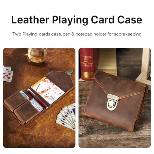 Leather Playing Card Organizer Portable Double Deck Playing Card Case Multifunctional Gaming Accessory with Pen Holder and A6 Notepad Pocket