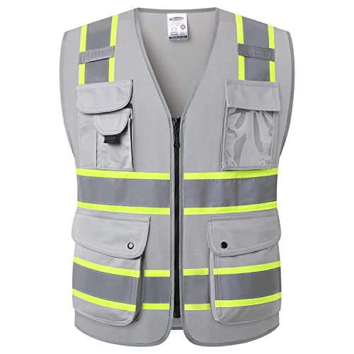 9 Pockets Class 2 High Visibility Zipper Front Safety Vest With Reflective Strips Meets ANSI
