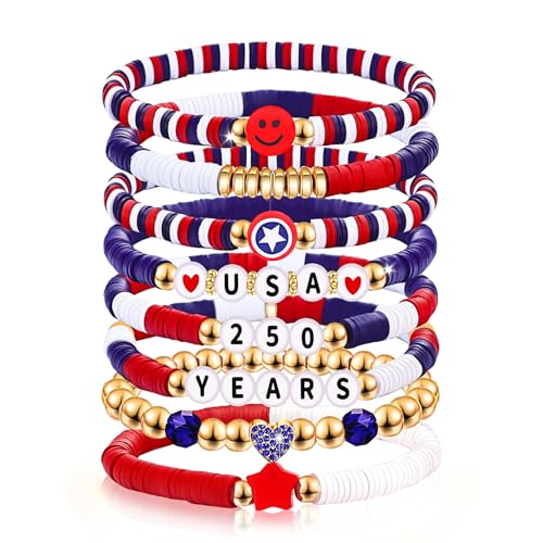 250 Anniversary USA Merchandise 4th of July Outfits for Women Men Teens Red White Blue Clay Beaded Stretch Bracelets USA Patriotic Jewelry 4th of July Accessories