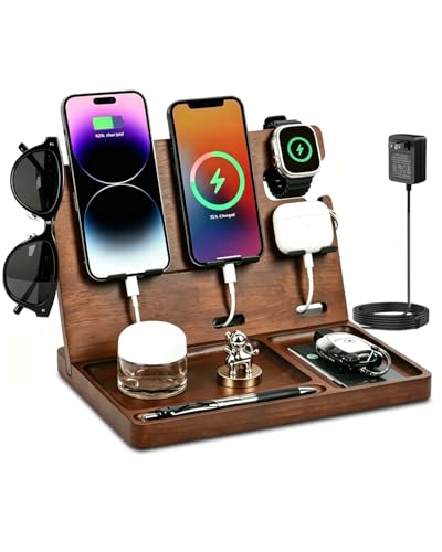 USB Charging Station for Multiple Devices Wood Phone Docking Station with QC3.0 & PD 22.5W Type c Charger Fast Charging for iPhone Samsung Google Andriod Smart Watch Earbuds Gifts for Men