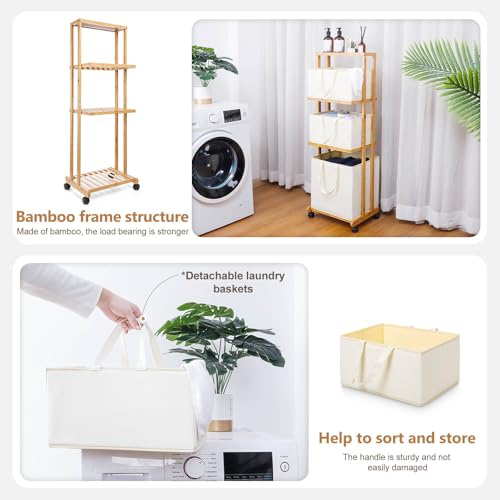Laundry Basket 3 Tier Bamboo Storage Shelf with Wheels Removable Storage Basket with Handle Freestanding Clothes Hamper Organizer for Bathroom Living Room Bedroom