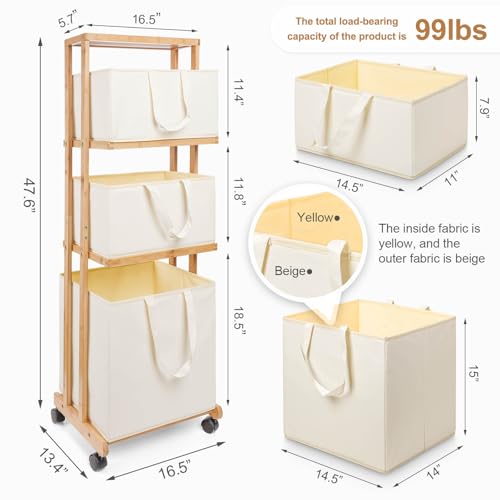 Laundry Basket 3 Tier Bamboo Storage Shelf with Wheels Removable Storage Basket with Handle Freestanding Clothes Hamper Organizer for Bathroom Living Room Bedroom