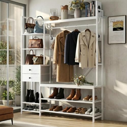7-in-1 Hall Tree with Bench and Shoe Storage, 55" Entryway Bench Coat Rack