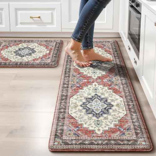 Boho Kitchen Mats for Floor 2 Piece Set Anti Fatigue Cushioned PVC Kitchen Rugs Non Slip Waterproof Farmhouse Mats 2