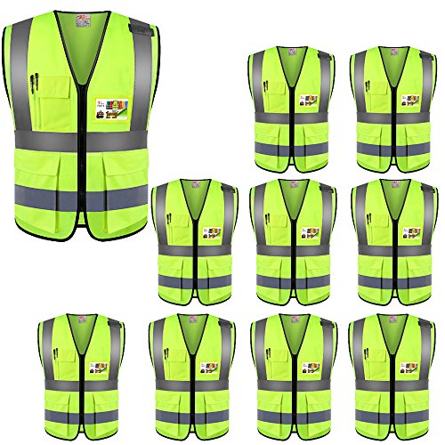 High Visibility Reflective Safety Vest with Multi Pockets 10 Pack Bulk