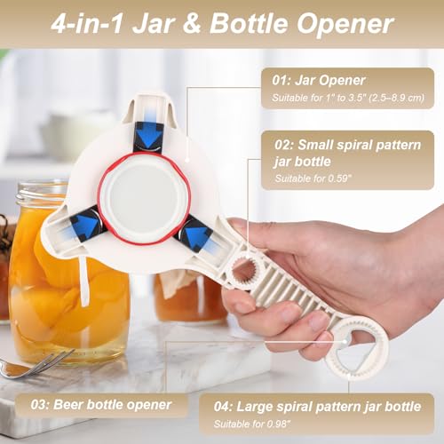 4-in-1 Jar Opener for Seniors Adjustable Stainless Steel Lid Opener with Extended Ergonomic Handle, Includes Hook & storage bag, Can Opener for Arthritis and Weak Hands
