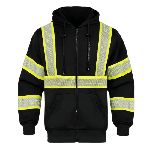 High Visibility Safety Hoodie Reflective ANSI Class 3 Sweatshirts for Men Hi Vis Construction Work Zipper Jackets