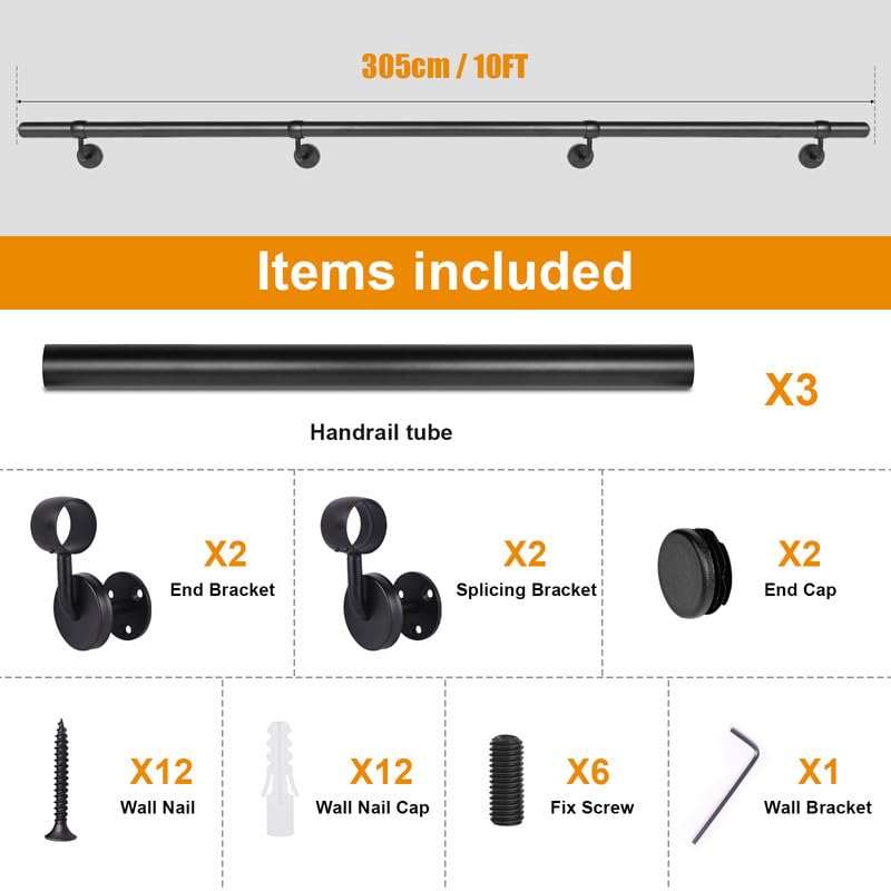 12Ft Industrial Metal Stairs Handrail Kit