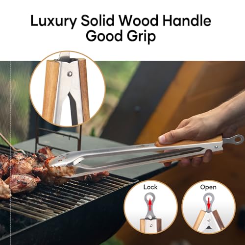 18 Inch Extra Long Stainless Steel BBQ Tongs with Ergonomic Acacia Wood Handle