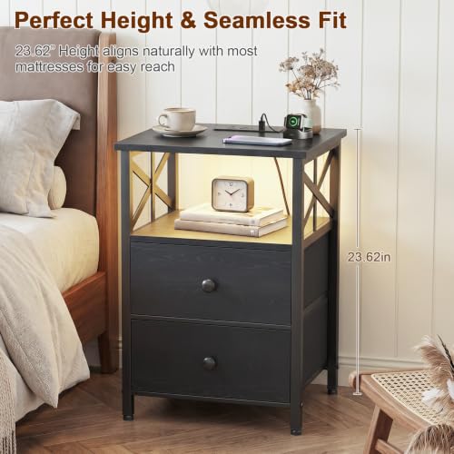 Night Stand Set of 2 with Charging Station and LED Lights