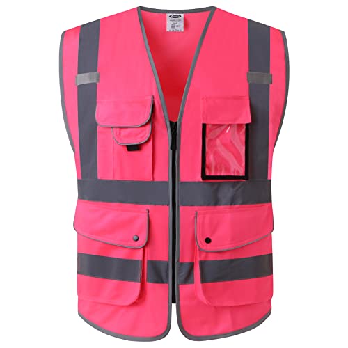 9 Pockets Class 2 High Visibility Zipper Front Safety Vest With Reflective Strips Meets ANSI