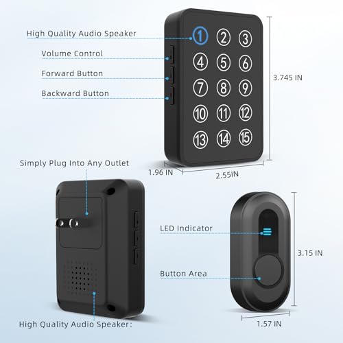 Wireless Caregiver Pager Call Button Nurse Call System 500Ft Range with LED Number Display for Elderly