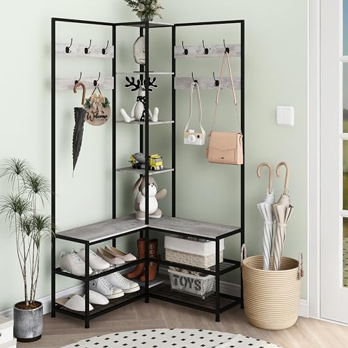 Corner Hall Tree with Shoe Rack Storage Bench Display Open Shelves Modern Industrial Entryway Coat Rack Stand for Home Living Room Mudroom Bedroom Multifuncitonal 5 in 1
