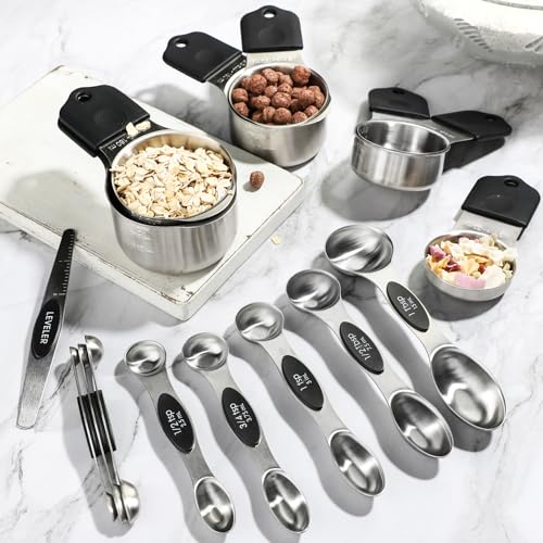 Magnetic Measuring Cups and Spoons Set Including 7 Stainless Steel Measuring Cups 8 Double Sided Magnetic Measuring Spoons Set with 1 Leveler Kitchen Measuring Tools for Cooking Baking