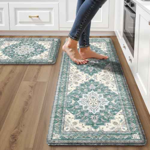 Boho Kitchen Mats for Floor 2 Piece Set Anti Fatigue Cushioned PVC Kitchen Rugs Non Slip Waterproof Farmhouse Mats 2