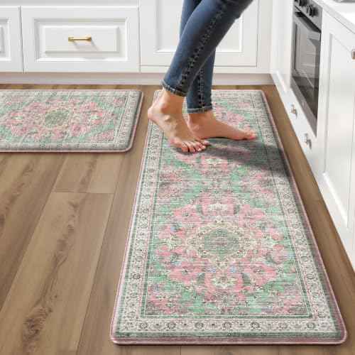 Boho Kitchen Mats for Floor 2 Piece Set Anti Fatigue Cushioned PVC Kitchen Rugs Non Slip Waterproof Farmhouse Mats 2