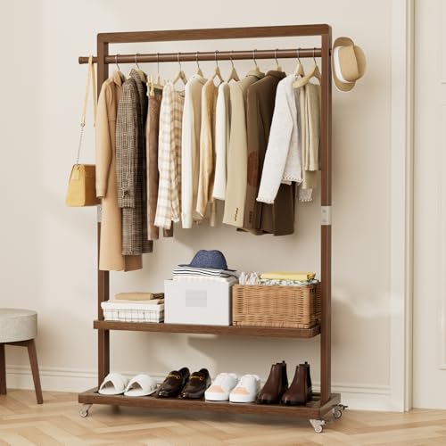 Solid Wood Clothes Rack with Wheels
