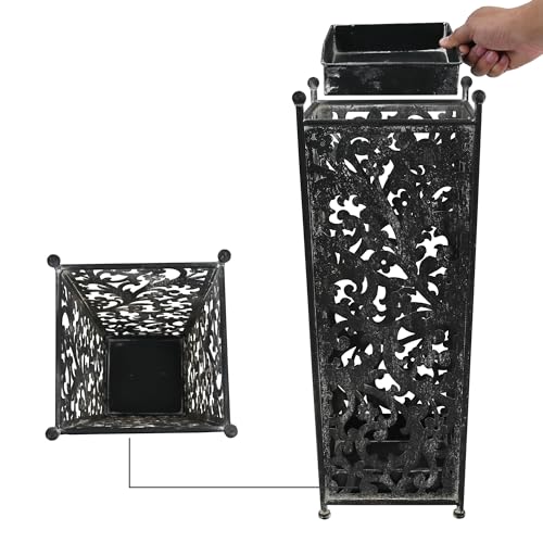 Vintage White Metal Umbrella Stand with Ornate Cutout Pattern Antique Decorative Umbrella Holder with Detachable Drip Tray for Entryway Storage Umbrellas Canes & Walking Sticks