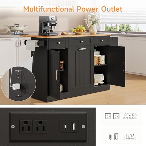 61" Kitchen Islands with Movable Wood Cutting Board & Trash Storage Cabinets