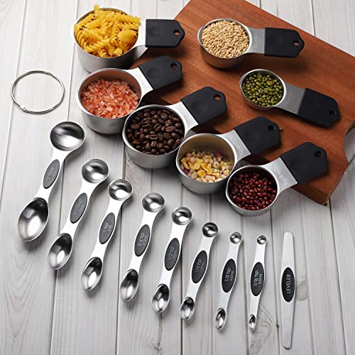 Magnetic Measuring Cups and Spoons Set Including 7 Heavy Duty Stainless Steel Measuring Cup 8 Double Sided Measuring Spoons with 1 Leveler for Dry and Liquid Ingredients