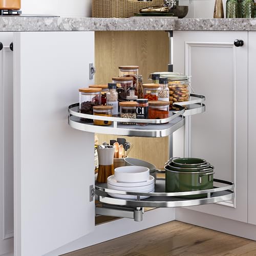 28-Inch 2-Tier Lazy Susan Turnable for Cabinet, Rotating 2-Shelf Lazy Susan Corner Organizer with Adjustable Height for Kitchen Pantry, Chrome-Plated Double Spinning Corner Organizer, Silver