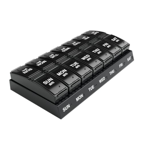 Weekly (7-Day) AM/PM Pill Organizer, Vitamin and Medicine Box, Large Pop-Out Compartments, 2 Times a Day