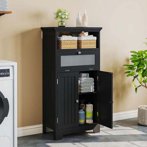 Bathroom Floor Storage Cabinet with Flip Glass Drawer