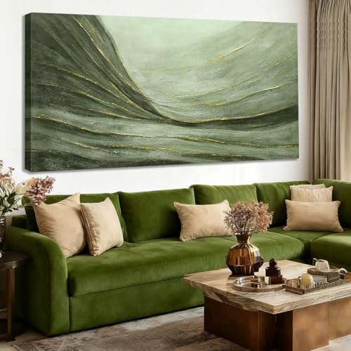 Green Abstract Canvas Wall Art with Gold Ginkgo Leaves and White Black Plum Blossom Accents Modern Nature Painting for Living Room Bedroom Office Contemporary Home Wall Decor
