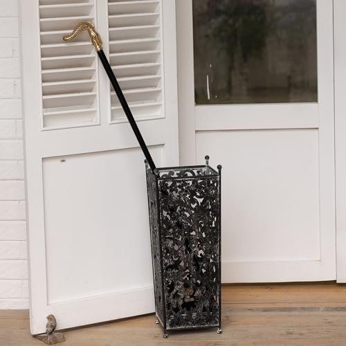 Vintage White Metal Umbrella Stand with Ornate Cutout Pattern Antique Decorative Umbrella Holder with Detachable Drip Tray for Entryway Storage Umbrellas Canes & Walking Sticks