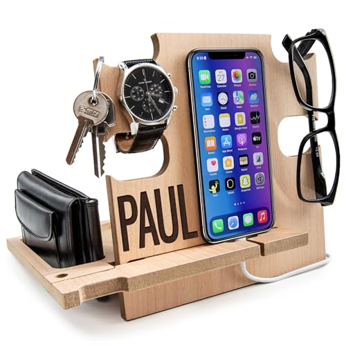 GRETAOTO Personalized Wood Phone Docking Station Gift for Men Bedside Nightstand Charging Station Organizer Mens Accessories Phone Stand Anniversary Birthday Gifts for Dad Him Husband