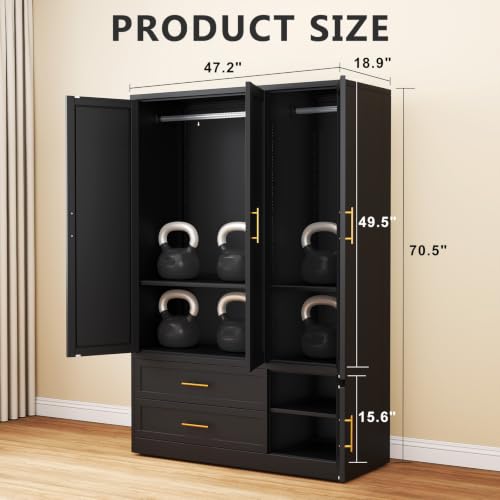 Metal Wardrobe Storage Cabinet with Hanging Rod for Bedroom