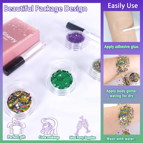 Body Glitter Mixed Chunky White Mermaid Shimmer Eye Glitter Face Makeup Hair Cosmetics Eyeshadow Sequins with Adhesive Glue for Girls Parties Rave Festivals