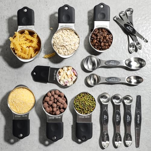 Magnetic Measuring Cups and Spoons Set Including 7 Stainless Steel Measuring Cups 8 Double Sided Magnetic Measuring Spoons Set with 1 Leveler Kitchen Measuring Tools for Cooking Baking