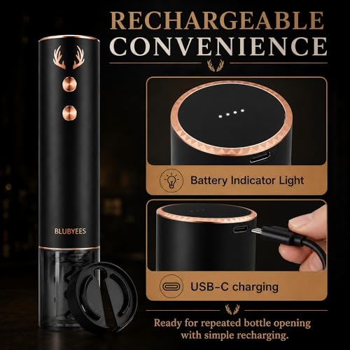 4-in-1 Rechargeable Electric Wine Opener Set - Automatic Corkscrew, Foil Cutter, Aerator Pourer, Vacuum Stopper - Wine Lovers Gifts for Women and Men