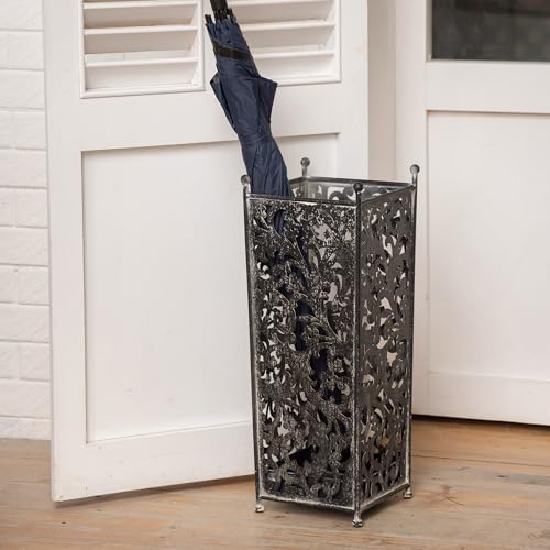 Vintage White Metal Umbrella Stand with Ornate Cutout Pattern Antique Decorative Umbrella Holder with Detachable Drip Tray for Entryway Storage Umbrellas Canes & Walking Sticks