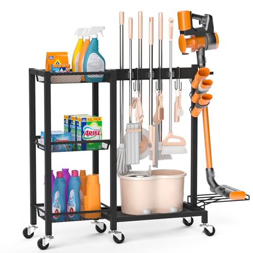 Broom Holder with Cleaning Supplies Organizer & Large Capacity