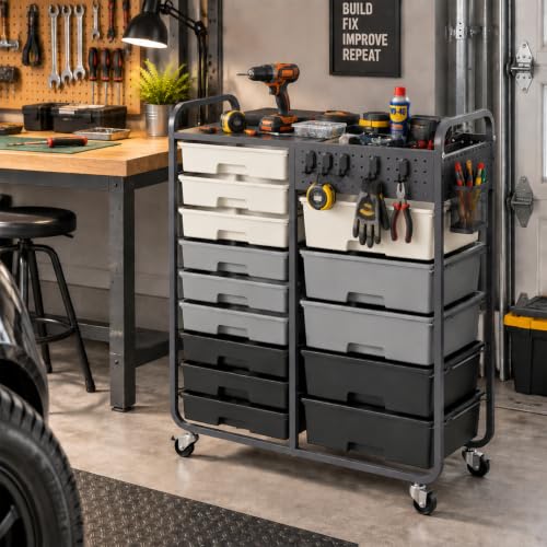 14 Drawer Rolling Storage Cart with Tabletop and Pegboard for Crafts