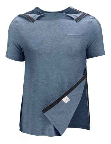 Men's Post Shoulder Surgery Recovery Shirts Full Tear Away Short Sleeve Snap Chemo Port Access Shirt