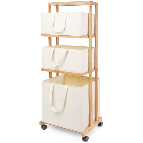 Laundry Basket 3 Tier Bamboo Storage Shelf with Wheels Removable Storage Basket with Handle Freestanding Clothes Hamper Organizer for Bathroom Living Room Bedroom