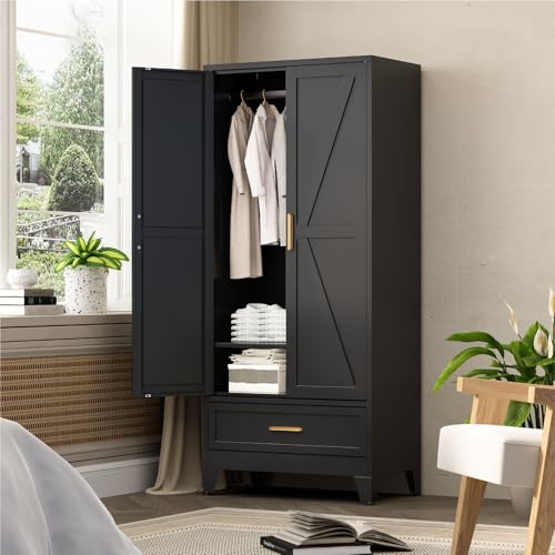 71 Farmhouse Metal Wardrobe Closet with Hanging Rod