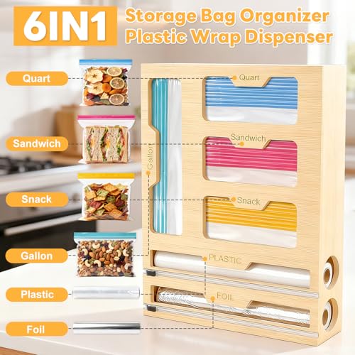 Magnetic Storage Bag Organizer 6 In 1 Food Bag Organizer for Drawer Food Storage Bags Organizers Foil and Plastic Wrap Organizers with Cutter