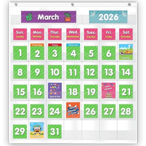 Classroom Monthly Calendar Pocket Chart with 71 Cards for Kids Learning for Home